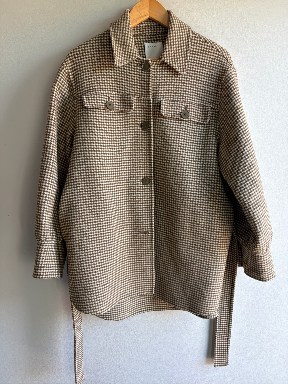Sandro Beige Houndstooth Trench-Style Coat